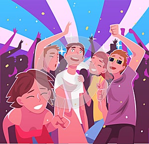 Happy Young Men and Women Having Fun and Dancing at Nightclub, Party or Music Festival Vector Illustration