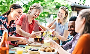 Happy young men and women toasting healthy orange fruit juice at farm house picnic - Life style concept with alternative friends