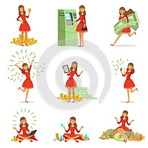 Happy young millionaire woman in a red dress enjoying her money and wealth, set of colorful detailed vector