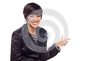 Happy Young Mixed Race Woman Pointing to the Side