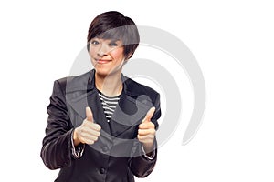 Happy Young Mixed Race Woman With Thumbs Up on White