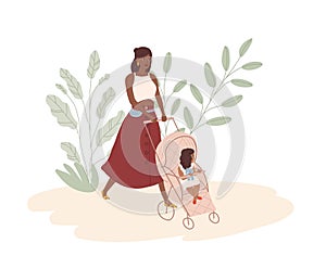 Happy young mom walking with baby in stroller. African American mother and daughter. Modern woman pushing pram with