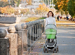 Happy young mother with baby in buggy