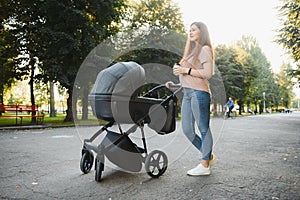 Happy young mother with baby in buggy walking in autumn park