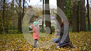 Happy Young Mother and her Little Daughter Having Fun in an Autumn Park, Mom and Girl Throwing Leaves and Laughing. slow