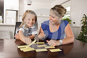 Happy young mother and her sweet and beautiful little daughter playing card game at home kitchen smiling and having fun together