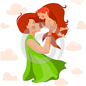 Happy young mother holds her baby. vector illustration