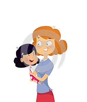 Happy young mother hugging her daghter. Vector