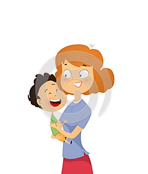 Happy young mother hugging her daghter. Vector