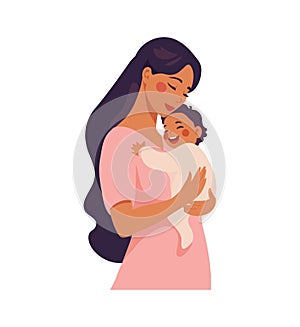 Happy young mother hugs her laughing baby. Mother s Day card, concept of motherhood and parenthood, family support. Flat