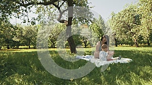 Happy young mother playing on blanket with her little son under tree at park