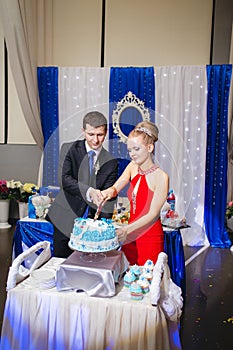 Happy young newlywed couple cutting wedding cake at banquet