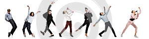 Happy young office workers dancing in business style outfits, clothes on white background. Collage, flyer, poster