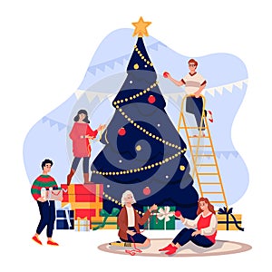 Happy young people decorating Christmas Tree. Family celebrating New Year Eve. Vector flat cartoon illustration