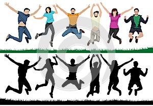Happy young people. Group of people in a jump. Cheerful youth in the air on trampolines. Friends are jumping. Vector illustration