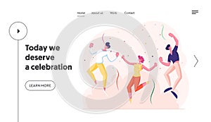 Happy Young People Having Party Website Landing Page. Joyful Characters Dance and Jumping with Hands Up in Room
