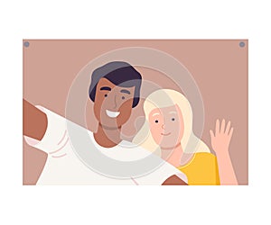 Happy Young People Making Selfie Using Smartphone, Couple Spending Time Together and Photographing Cartoon Vector