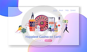 Happy Young People Play Roulette Landing Page. Winning Male and Female Character Hold Money Sign. Online Casino, Fortune