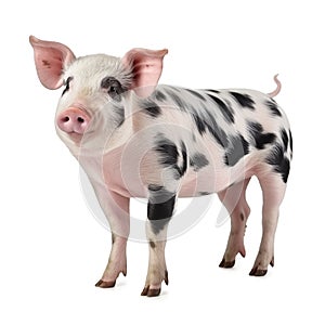 Happy young pig isolated on white background. Funny animals emotions
