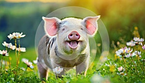 Happy young pig on meadow background. Funny animals emotions. Piglet in the grass