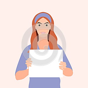 Happy young pretty girl holding/showing/displaying white blank board/banner/poster.Hand drawn style vector