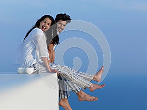 Happy young romantic couple have fun arelax relax at home