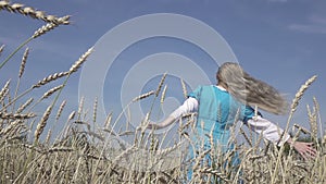 Happy young slender woman with a long fair hair in a blue dress rotates in the field of ripe wheat in summer sunny day.Slow motion