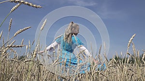 Happy young slender woman with a long fair hair in a blue dress rotates in the field of ripe wheat in summer sunny day.Slow motion