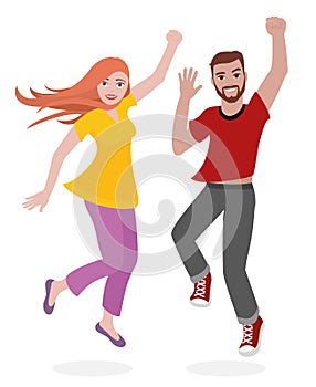 Happy Young Sporty Couple Jumping Man Woman