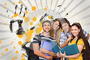 Happy young students holding folders against grey, yellow and black splattered background