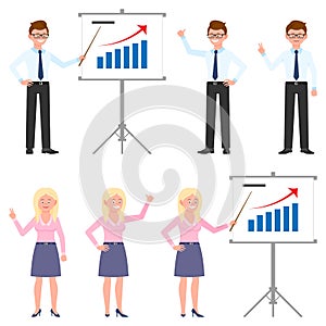 Happy, young, successful office manager vector. Man and woman worker making presentation, report, good results cartoon character