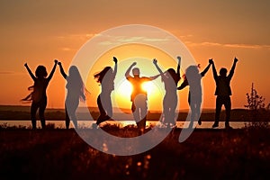 happy young teens dancing at the beach on beautiful summer sunset