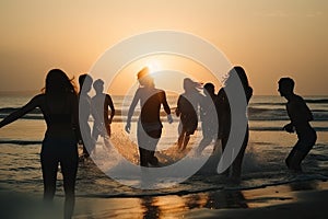 Happy young teens dancing at the beach at beautiful sunset, created with Generative AI technology