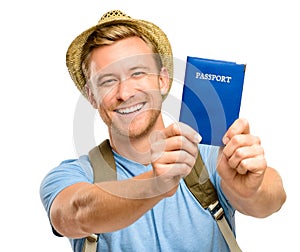 Happy young tourist man holding passport white background