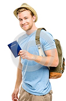 Happy young tourist man holding passport white background