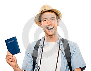 Happy young tourist travel passport isolated white background