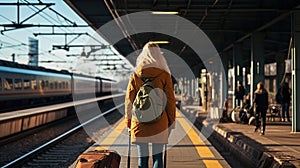 Happy young traveler woman with luggage waiting for train at train station platform. Generative AI