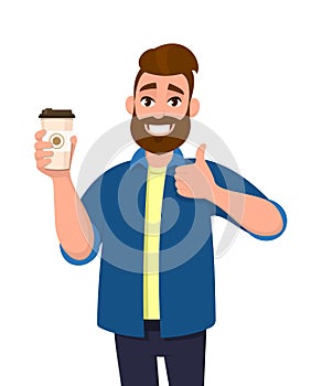 Happy young trendy man holding a coffee cup and showing, gesturing thumbs up sign. Male character design illustration.