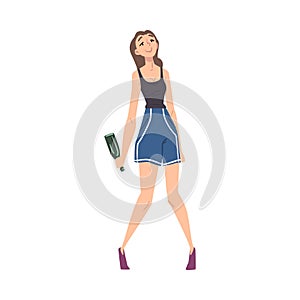 Happy Young Woman with Alcohol Drink Bottle in her Hands, Drunkenness, Bad Habit Concept Cartoon Style Vector photo