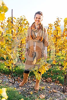 Happy young woman in autumn vineyard