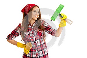 Happy young woman cleaning windows isolated over white vackground