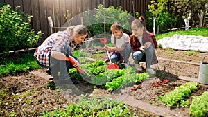 Happy young woman with daughters planting seeds in garden