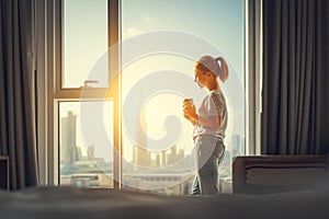 Happy young woman drinks coffee in morning at window