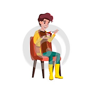 happy young woman eating cake with cherry in cafeteria cartoon vector