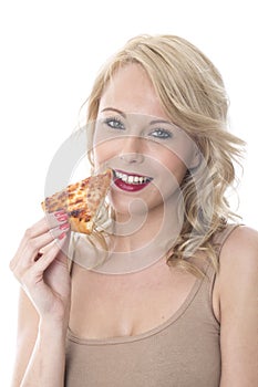 Happy Young Woman Eating Pizza Slice