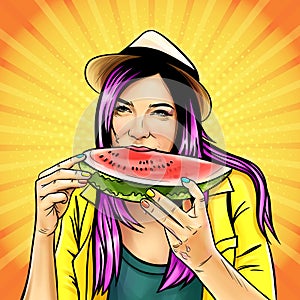 Happy young woman eating watermelon over white background, comic pop art illustration. Youth lifestyle