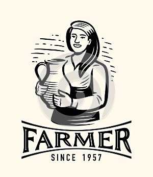 Happy young woman farmer or milkmaid with jug of fresh milk. Dairy, farm food and drink emblem. Vector illustration photo