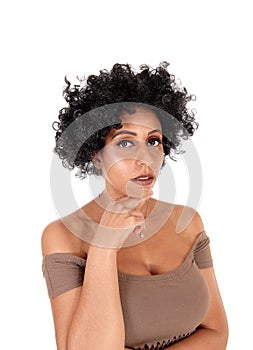 Happy young woman with a fussy black wig