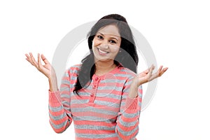 Happy young woman gesturing an open hands