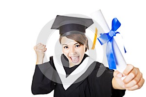 happy young woman graduating holding diploma